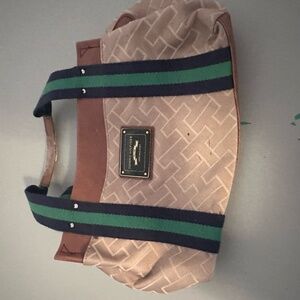 Tommy Hilfiger Monogram Canvas Tote Bag with Green & Navy Striped Handles